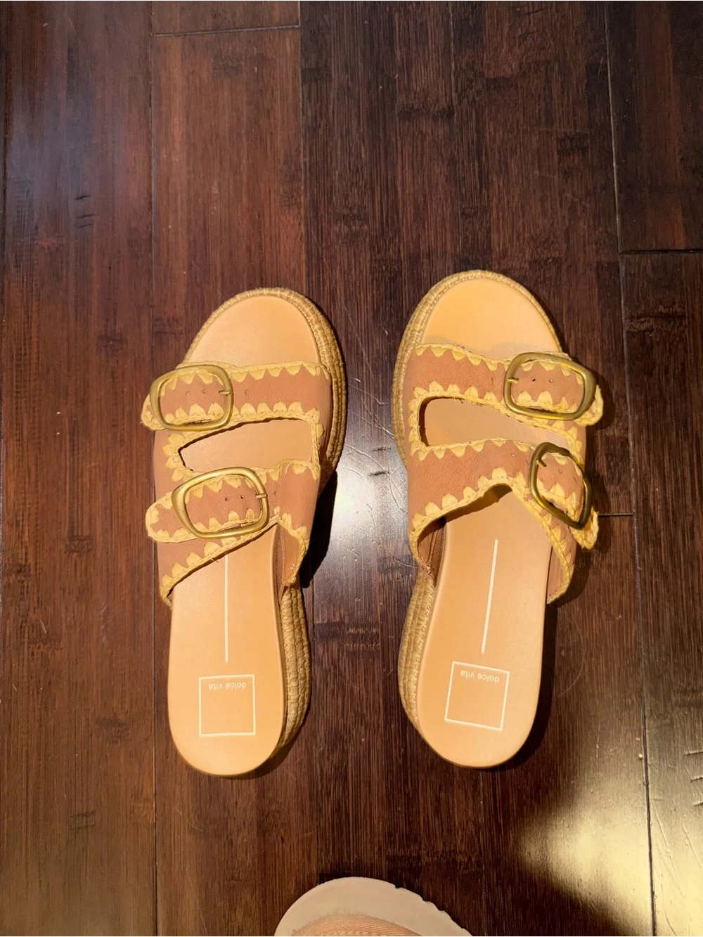 Dolce Vita Tan and Cream Double-Buckle Slide Sandals